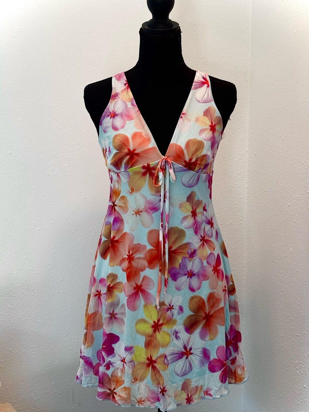 See You Monday Floral Tie-Front Mesh Mini Dress in light blue, Pink, Orange - Picture 1 of 5